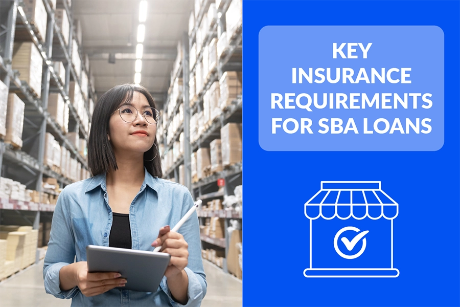 Key Insurance Requirements for SBA Loans Banner Image with Female Worker Reviewing Inventory in a Warehouse